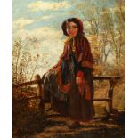 19th Century English school, a young lady leaning on a fence with a landscape beyond, oil on canvas,