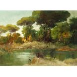 20th century Italian school, A scene of stone pines and a lagoon in Southern Italy, oil on canvas,