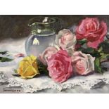 Yevgeny Balakshin (b.1998) Russian, 'Roses and a Carafe', signed oil on canvas, 9.5" x 13",