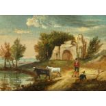 Early 19th century, A lakeside scene of two figures watering their cattle, with ruins in the