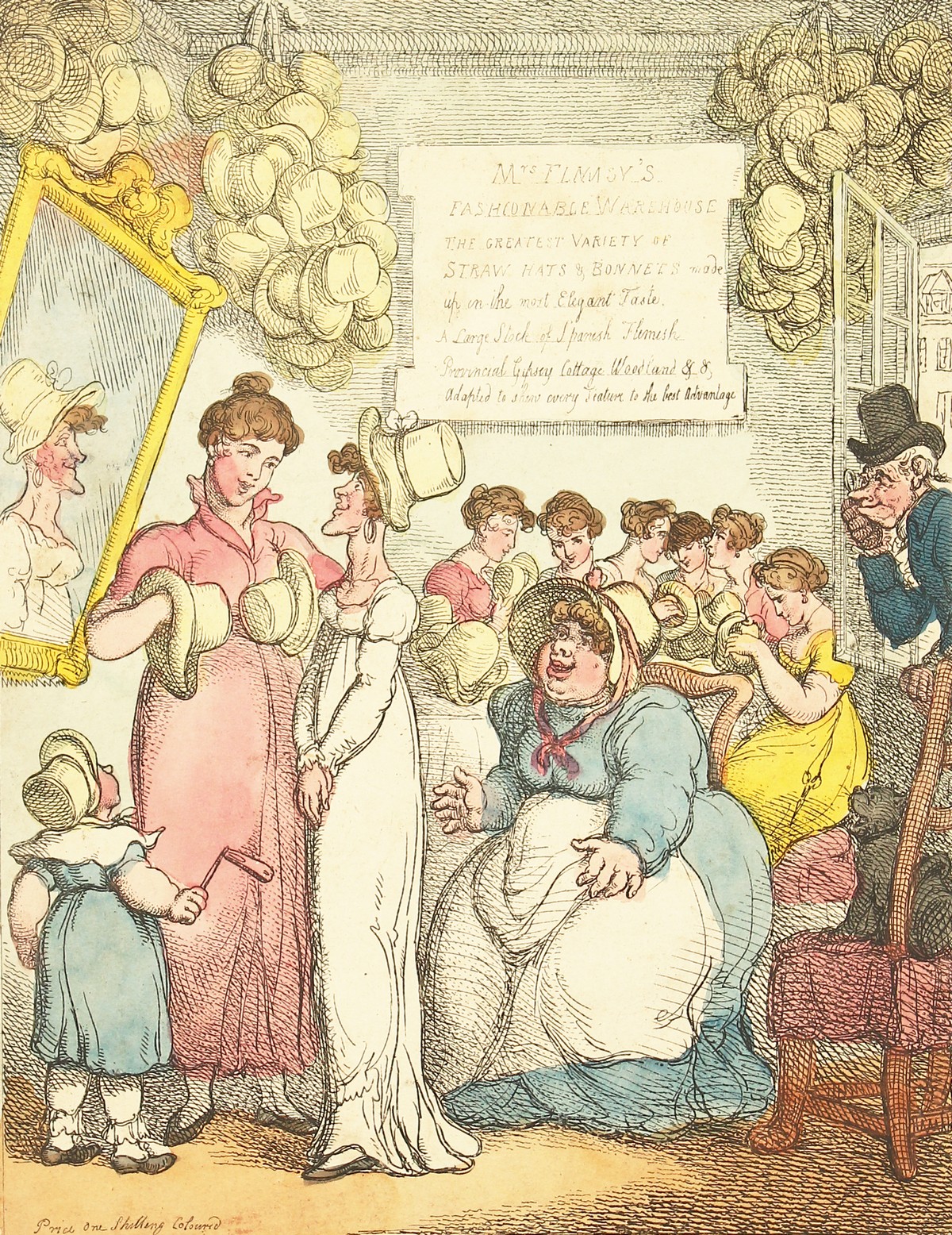 After Thomas Rowlandson (1756-1827) British, ' A Bonnet Shop', hand coloured etching, unframed,