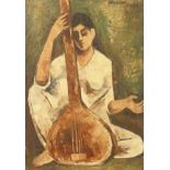 Parshotam Singh (20th Century) Indian, A study of a female figure playing a Tanpura, oil on