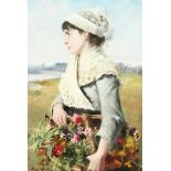 Eugene Andre (19th/20th century) French, Portrait of a young lady with a bouquet of wildflowers in a