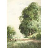 Charles Harrington (1865-1943) British, Cattle grazing in woodland shade, watercolour, signed, 14" x