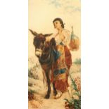 J. Krukowski (19th/20th Century) Polish. An elegant young lady in traditional costume with a donkey,