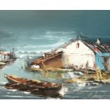 20th century, Southeast Asian School, a view of a boat with houses beyond, oil on board,