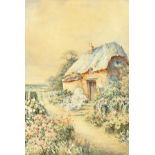 John Stannard (19th century) British, a thatched cottage with flowers in bloom, watercolour, sign,