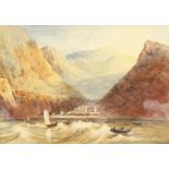 A coastal town surrounded by mountains, with sailing scene in the foreground, watercolour, unframed,