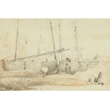 19th century, 'DEAL LUGGERS', A fishing port scene depicting boat and net maintenance, pencil