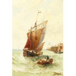 J. F. Slater, A continental port scene with shipping at full sail, oil on canvas, signed, 20" x