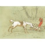 Early 20th century, A huntsman and foxhounds with their catch, mixed media, 10" x 14".