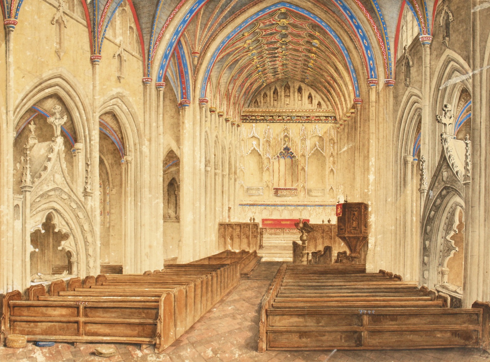 19th century, A study of the interior of Winchester cathedral, Watercolour, signed in pencil '