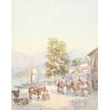 Charles Rowbotham, Traders conversing on a coastal trail with boats and buildings, watercolour,