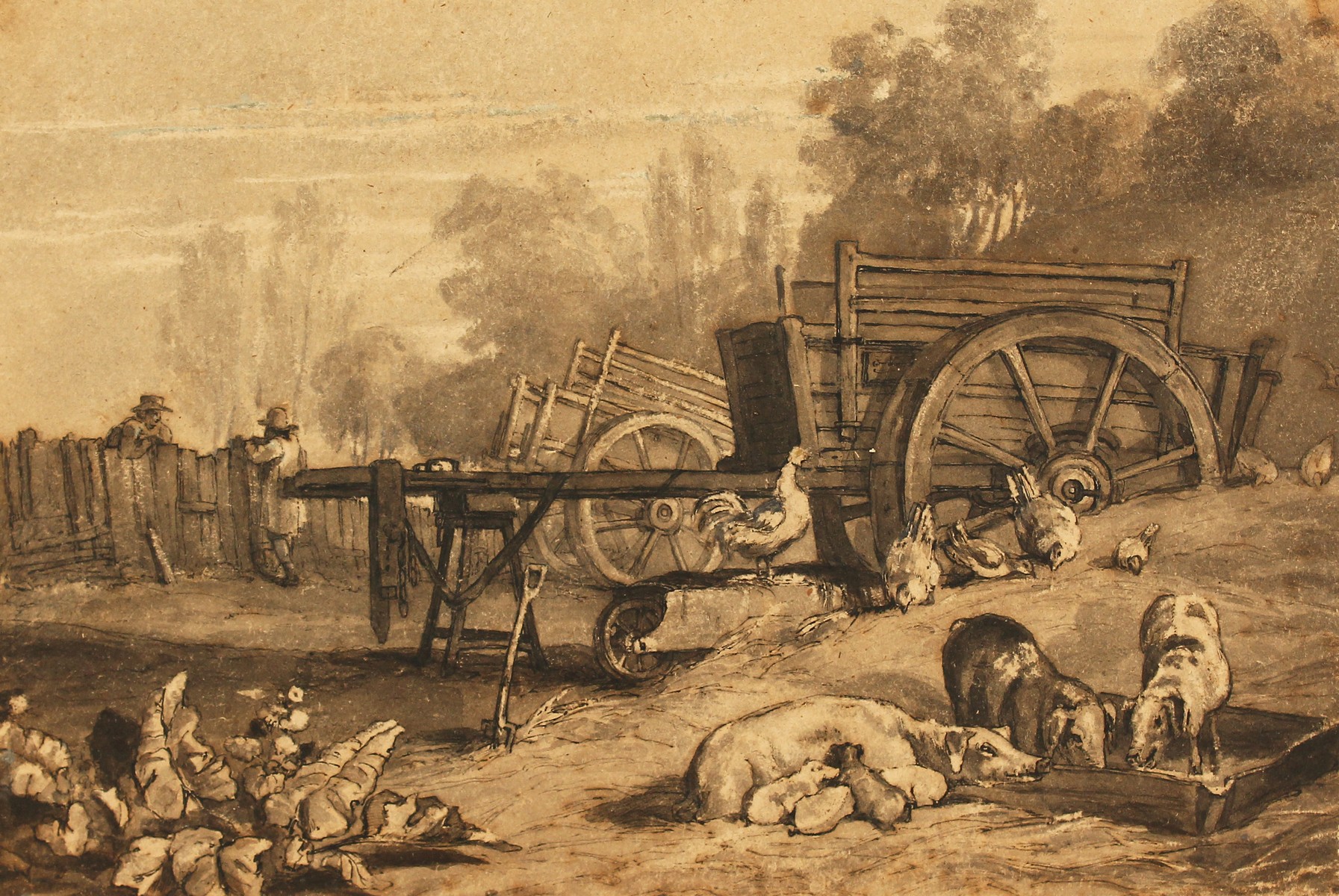 W.H. Pyne (1769-1843) British, "Farmyard", a rustic farm scene, ink & wash, unframed, 7" x 10".