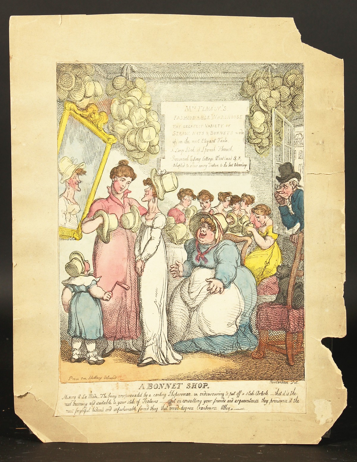 After Thomas Rowlandson (1756-1827) British, ' A Bonnet Shop', hand coloured etching, unframed, - Image 2 of 4