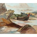 Phylis Bray (1911-1991) British, A cove with a disused boat, oil on canvas, signed with initials,