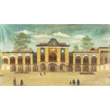 Asad Allah Hussani, Qajar, circa 1890, A traditional court building with figures in the courtyard,