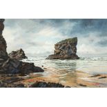 Steven Thor Johanneson, American school, A coastal scene with rock formations, watercolour, signed