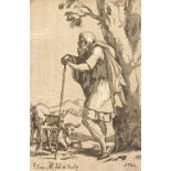 18th century, A shepherd tending his flock, mixed technique, unframed, 7" x 5".