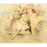 20th century school, An elegant lady seated in a motor car with blossoming flowers beyond, oil on