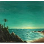 Karel Holemans (1910-1979) Belgian, sun setting over a rocky coastline with palm trees in the