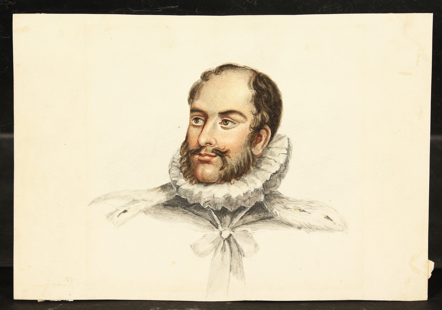 18th century, A portrait of a gentleman in a lace ruff, watercolour and pencil, Unframed, 4.5" x - Image 2 of 3