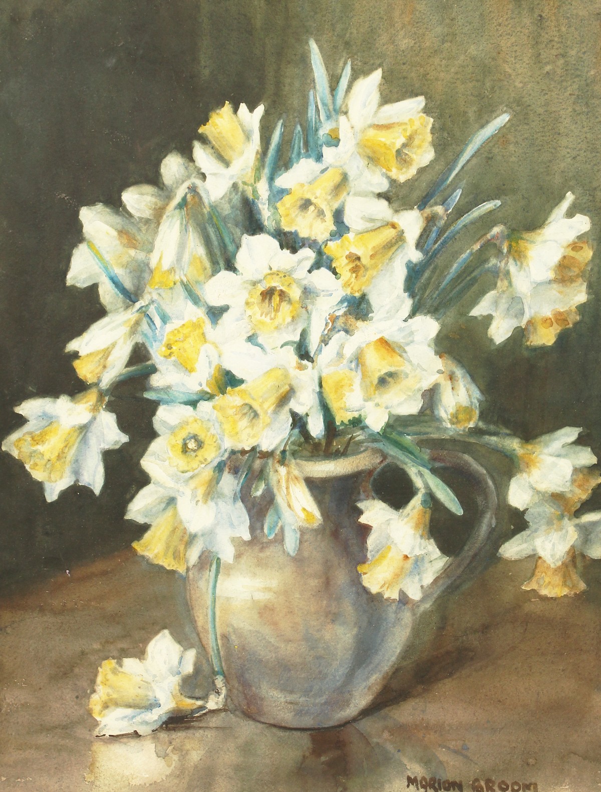 Marion Broom (1878-1962) British, A still life of a jug filled with daffodils, watercolour,