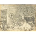 19th century, a pencil study of a barn interior with resting cattle, 4" x 5".