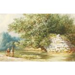 19th century English school, Two boys fishing by a river, watercolour, signed indistinctly, 6" x