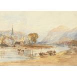 19th century Continental school, A river scene with a town and mountains beyond, watercolour, 10"