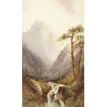 Frederick Pearson, A mountainous highland landscape with grazing sheep and a waterfall, watercolour,