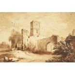 19th century, A study of historic ruins with figures in the foreground, watercolour, 6.5" x 9.5".