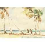 Mun Sen (1896-1962) Malaysia, A Scene of figures on a beach with palm trees, watercolour, signed and