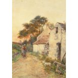 Henry John Yeend King (1855-1924) British, a figure carrying water by farm buildings, watercolour,