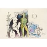 M.F. Hussain (1915-2011) Indian, Untitled work with figures, watercolour, signed, 15" x 22", a