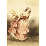 Two 19th century watercolours, the first depicting a lady in a pink dress, the second of a hunting