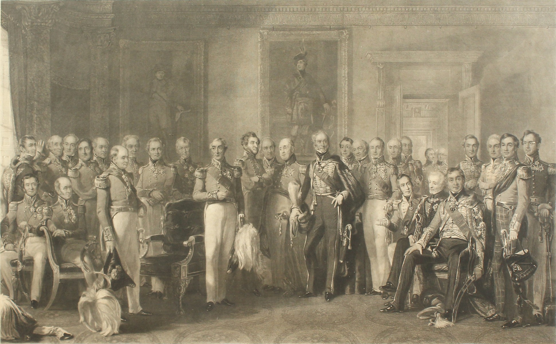 An assembly of figures in military uniform, 'The Waterloo Heroes Assembled at Apsley House',