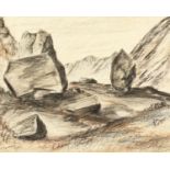 R. Barraud, a rocky mountain landscape with protruding monoliths, mixed media, signed and dated '