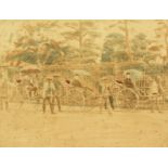 Japanese (c. 1880-1890), A colonial scene of figures on rickshaws, hand-tinted photograph, 8" x
