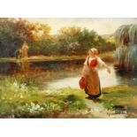 Late 19th Century French School, Washerwomen collecting water, oil on canvas, indistinctly signed '