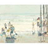 Ross Foster (20th/21st century), Figures on a beach with waves breaking beyond, oil on canvas,