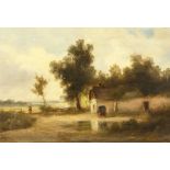 19th century, English school, Figures by a building in a rural landscape, oil on canvas, signed