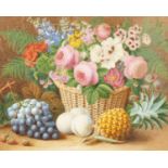 James Clapham (19th Century) British, A still life of mixed flowers in a basket with fruit,