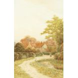 George Oyston (1861-1937) British, figure in a pathway before cottages, watercolour, signed and