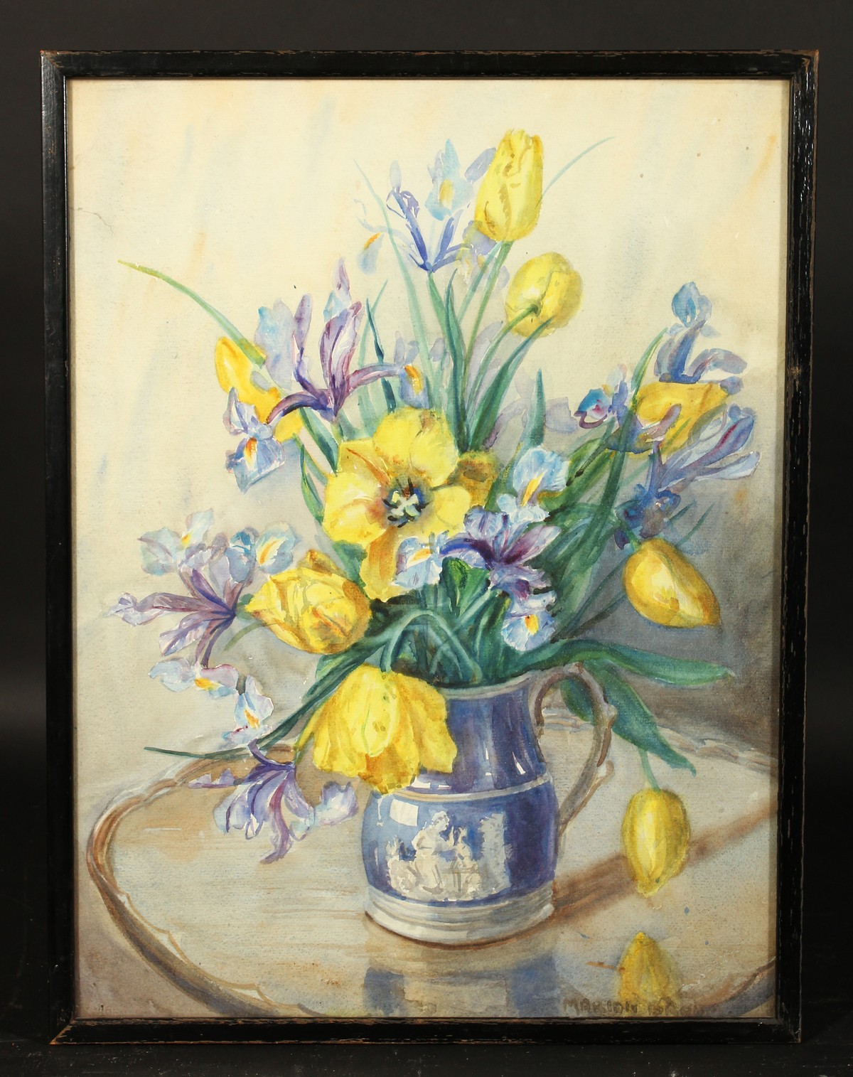 Marion Broom (1878-1962) British, A still life of mixed flowers in a classical style blue jug, - Image 2 of 4