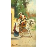 Luis de La Torre (1865-1914), An amorous gentleman on horseback receiving a drink from a lady, oil