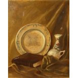 Follower of William Nicholson, a still life with china and a book, oil on canvas, 29" x 24",