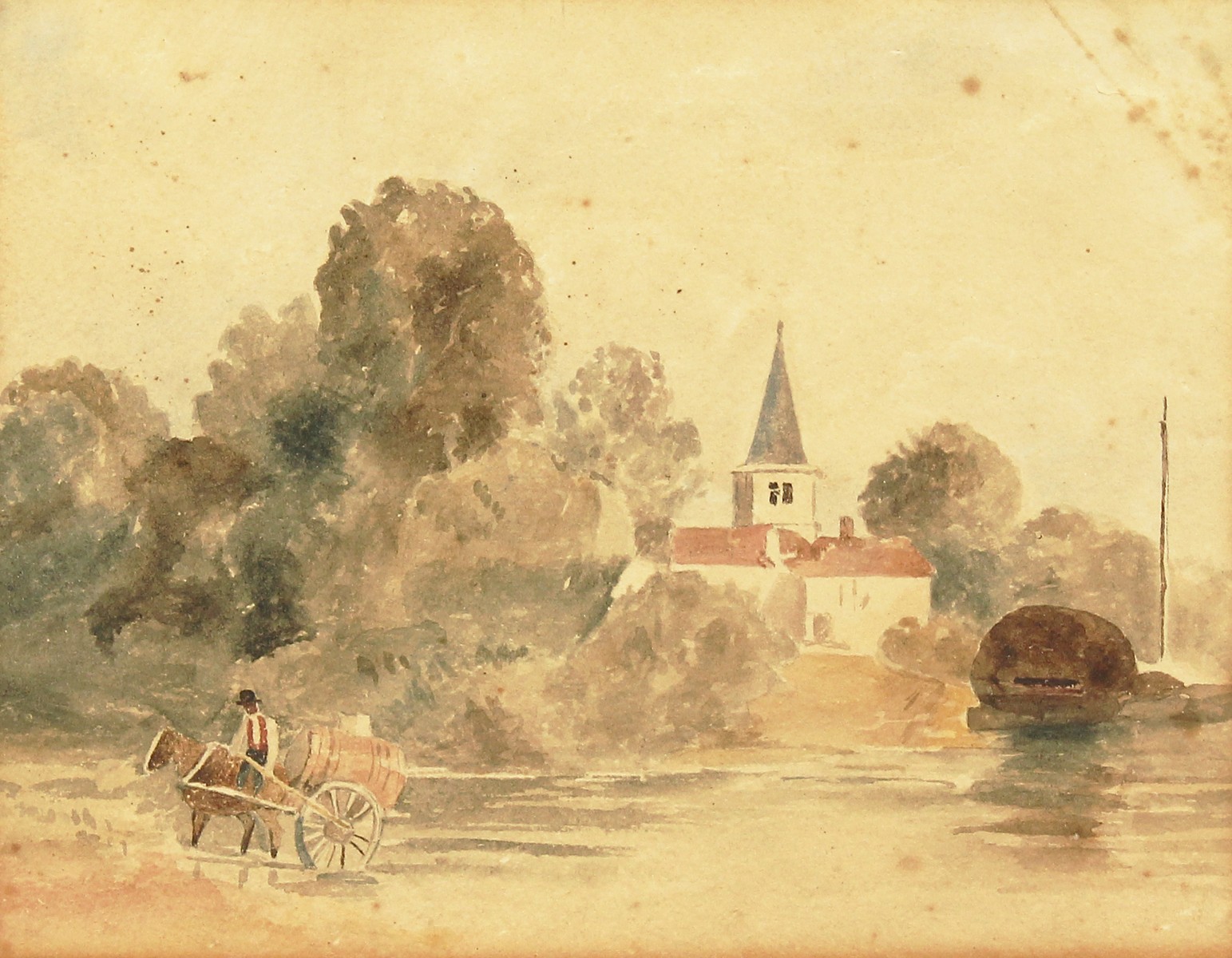 Circle of Peter de Wint (1784-1849) British, A figure on a horse and cart crossing a ford with a