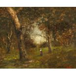 19th Century French School, A Barbizon scene of a figure in forest, indistinctly signed, 8" x 10" in