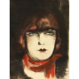Marcia Froment (20th century) French, A head study of a female in a red scarf, mixed media, signed